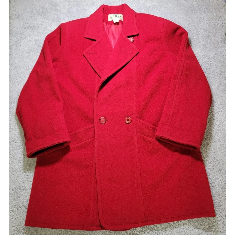 Vintage LL‎ Bean Wool Coat Womens 14 Red Long Coat Double Breast Classic Jacket